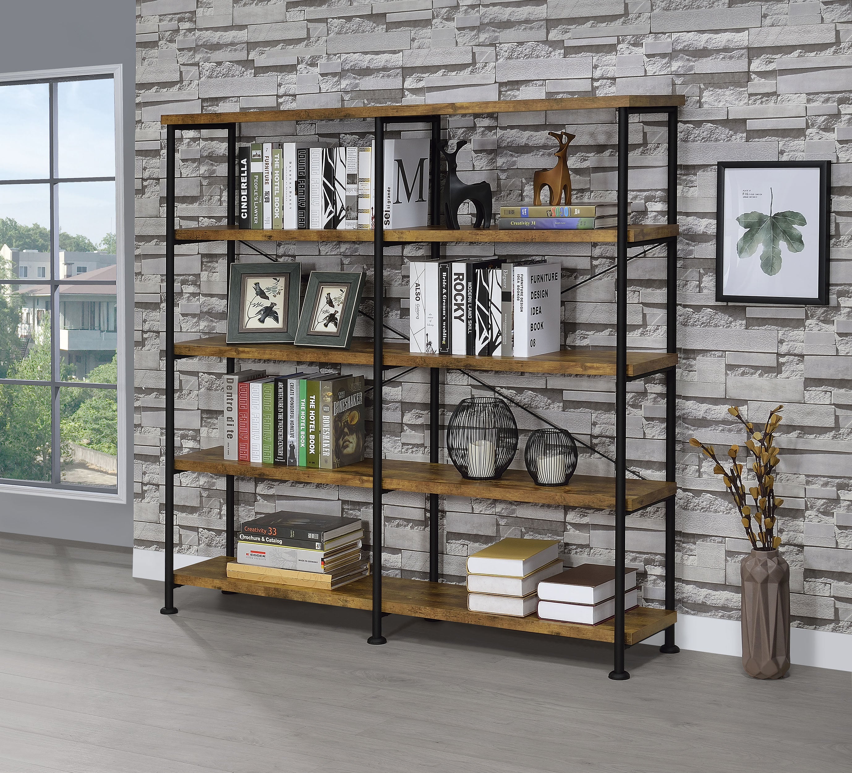 Analiese 63-inch 4-shelf Double Bookshelf Rustic Nutmeg — view 2