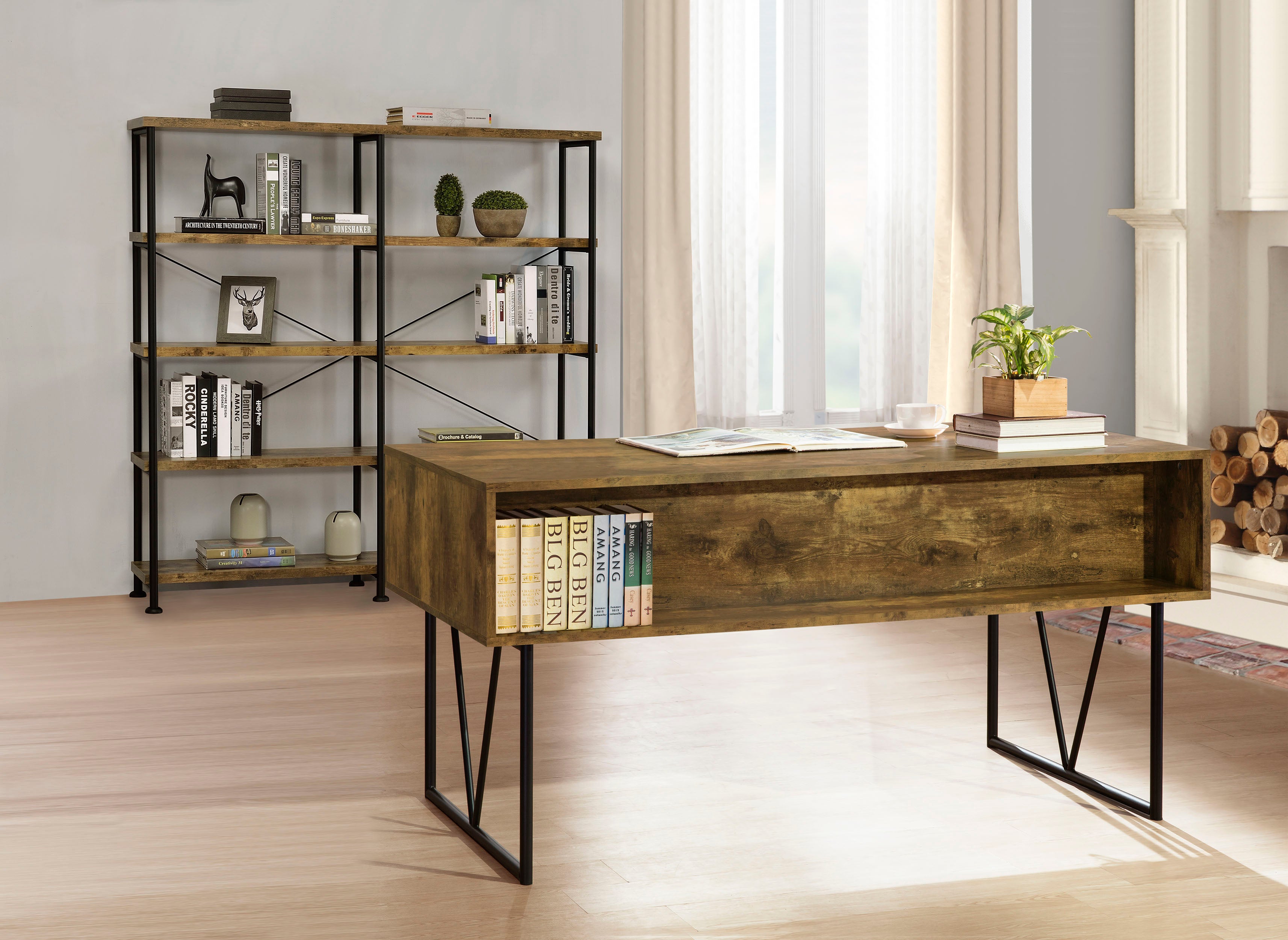 Analiese 63-inch 4-shelf Double Bookshelf Rustic Nutmeg — view 9