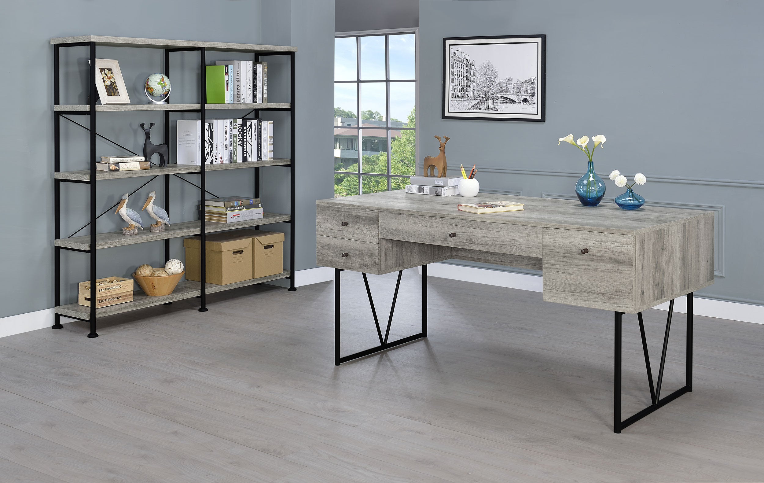 Analiese 63-inch 4-shelf Double Bookshelf Grey Driftwood — view 10