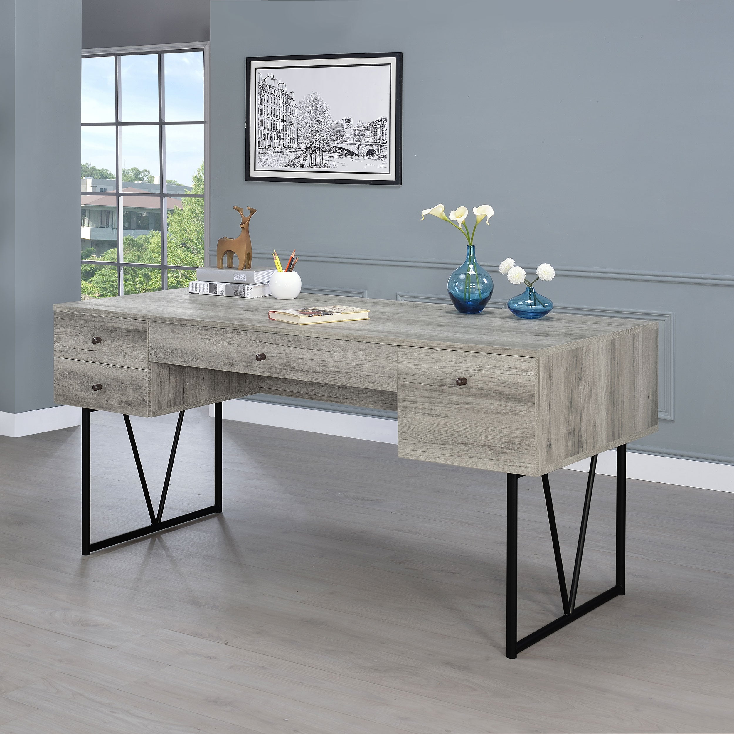 Analiese 63-inch 4-drawer Writing Desk Grey Driftwood — view 2