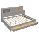 Full Size Wooden Daybed with 3 Storage Drawers, Upper Soft Board, shelf, and a set of Sockets and USB Ports, Gray