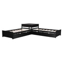 L-shaped Platform Bed with Trundle and Drawers Linked with built-in Desk,Twin,Espresso