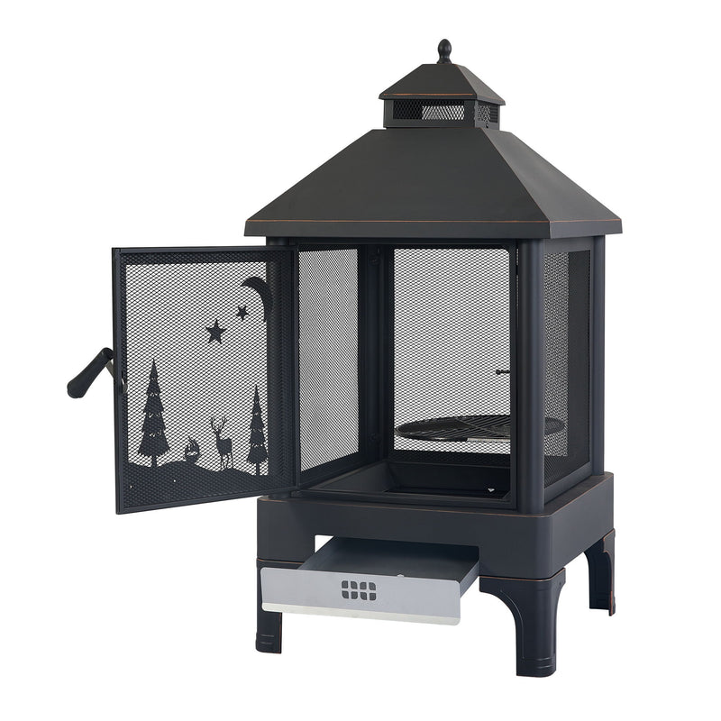 Heavy Duty Garden Metal Outdoor Heating Furnace Fire Pit With Rotating Tray - Black