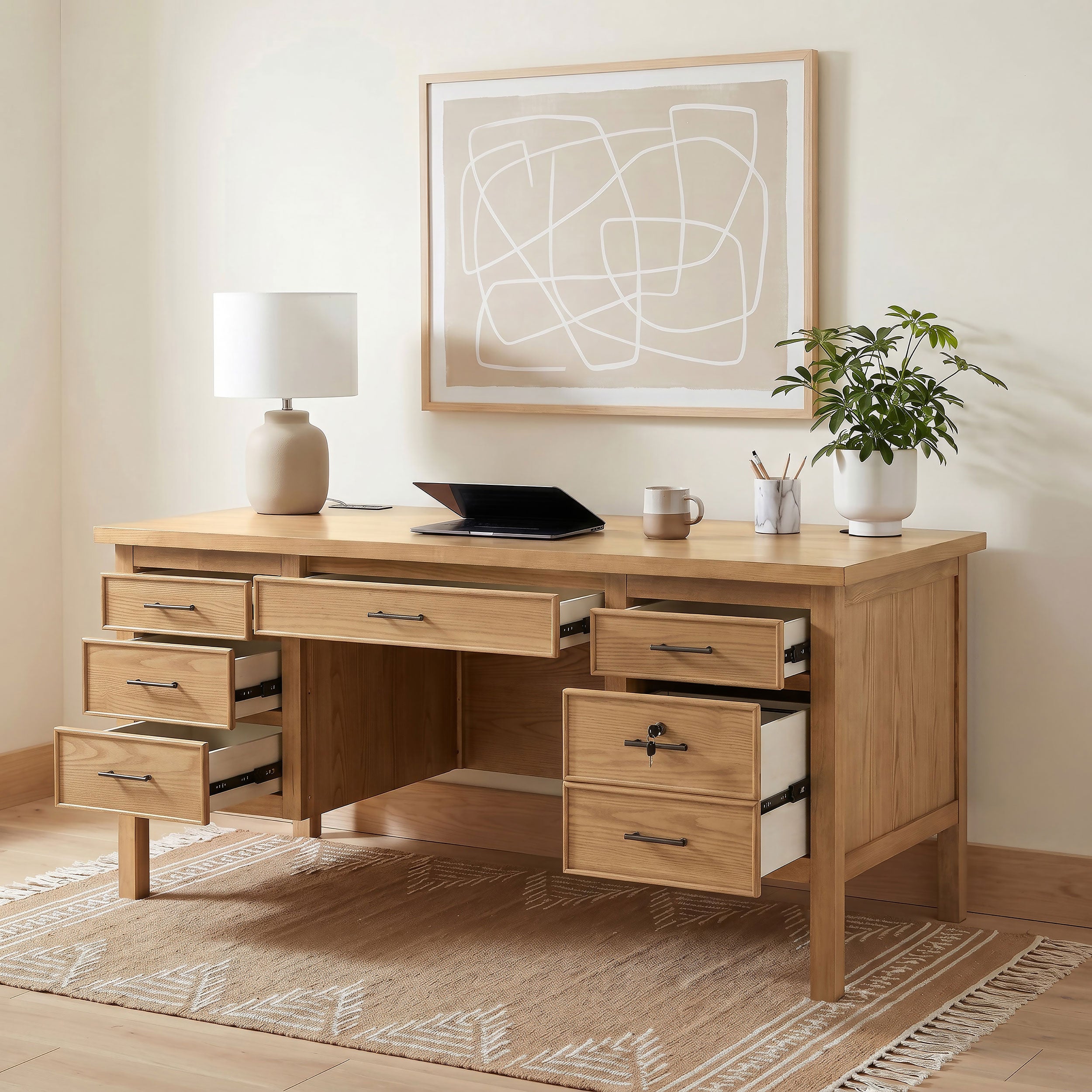 Vermes 66-inch 7-drawer Computer Desk with Power Outlet Light Ash — view 1