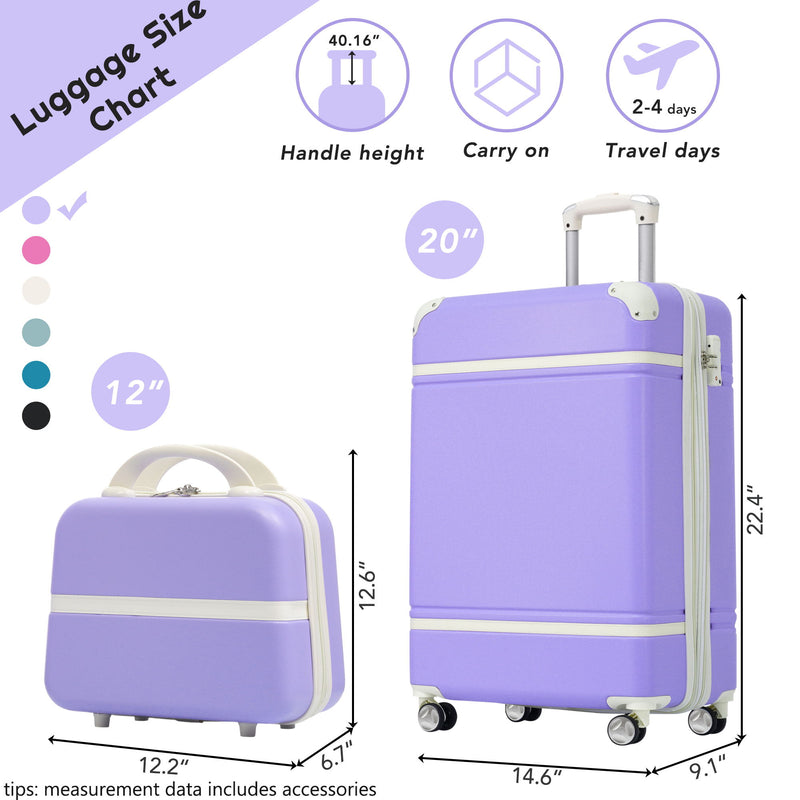 20" Hardside Luggage With Cosmetic Case, 2 Piece Lightweight Suitcase Set With Spinner Wheels, Carry On Vintage Luggage