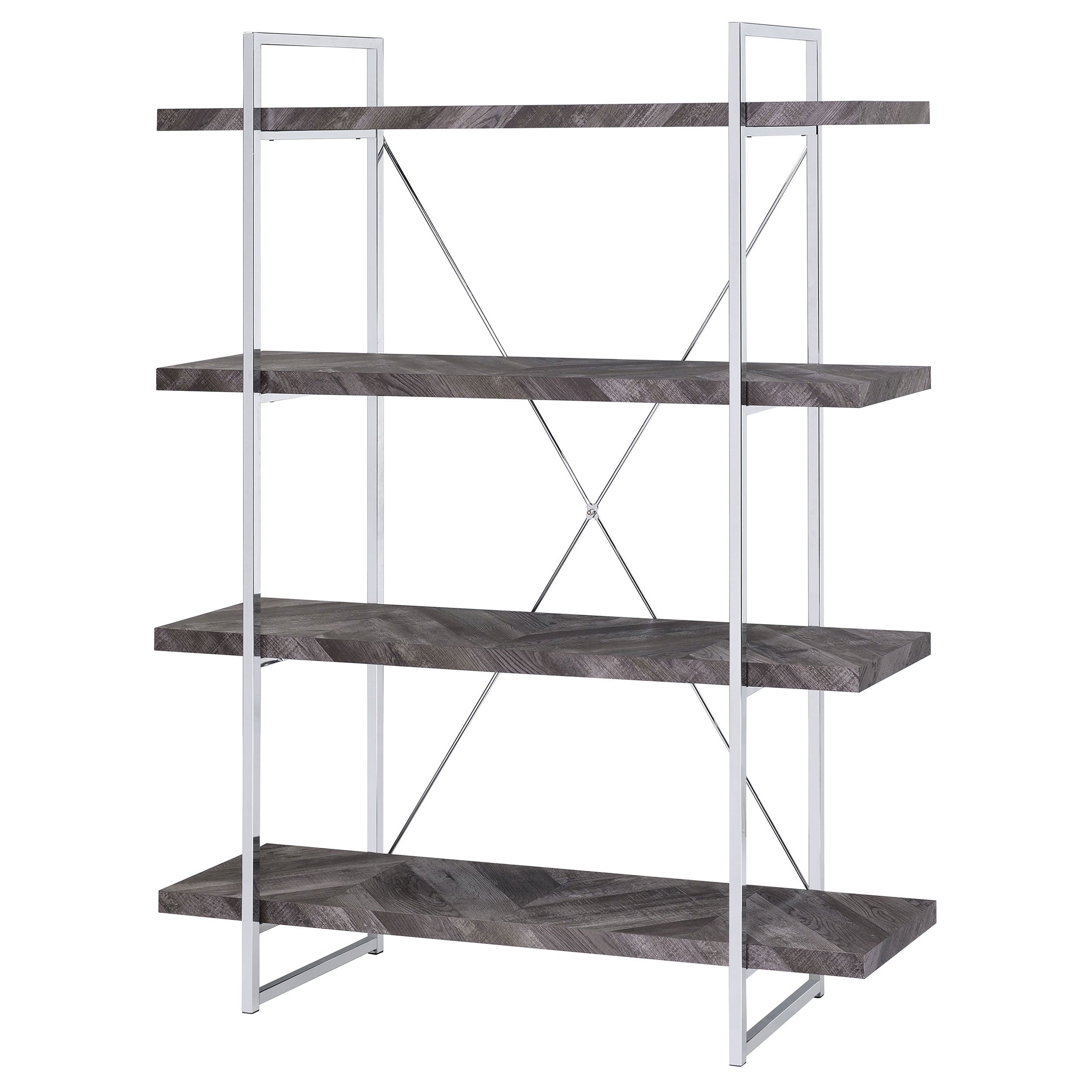 Grimma 63-inch 4-shelf Bookshelf Rustic Grey and Chrome — view 4