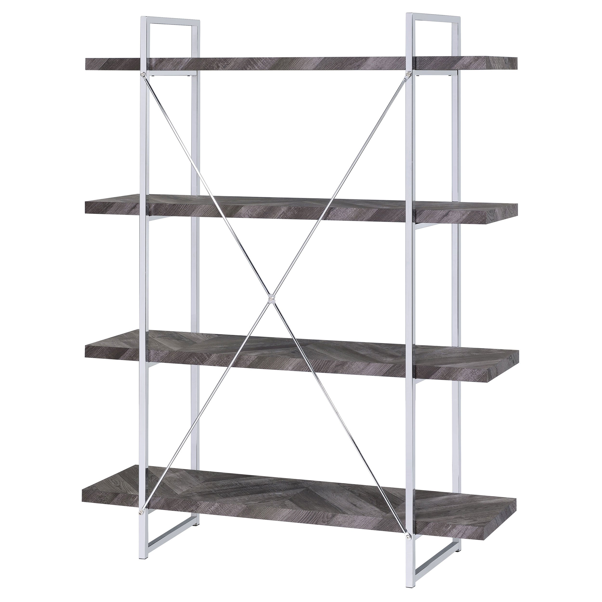 Grimma 63-inch 4-shelf Bookshelf Rustic Grey and Chrome — view 8