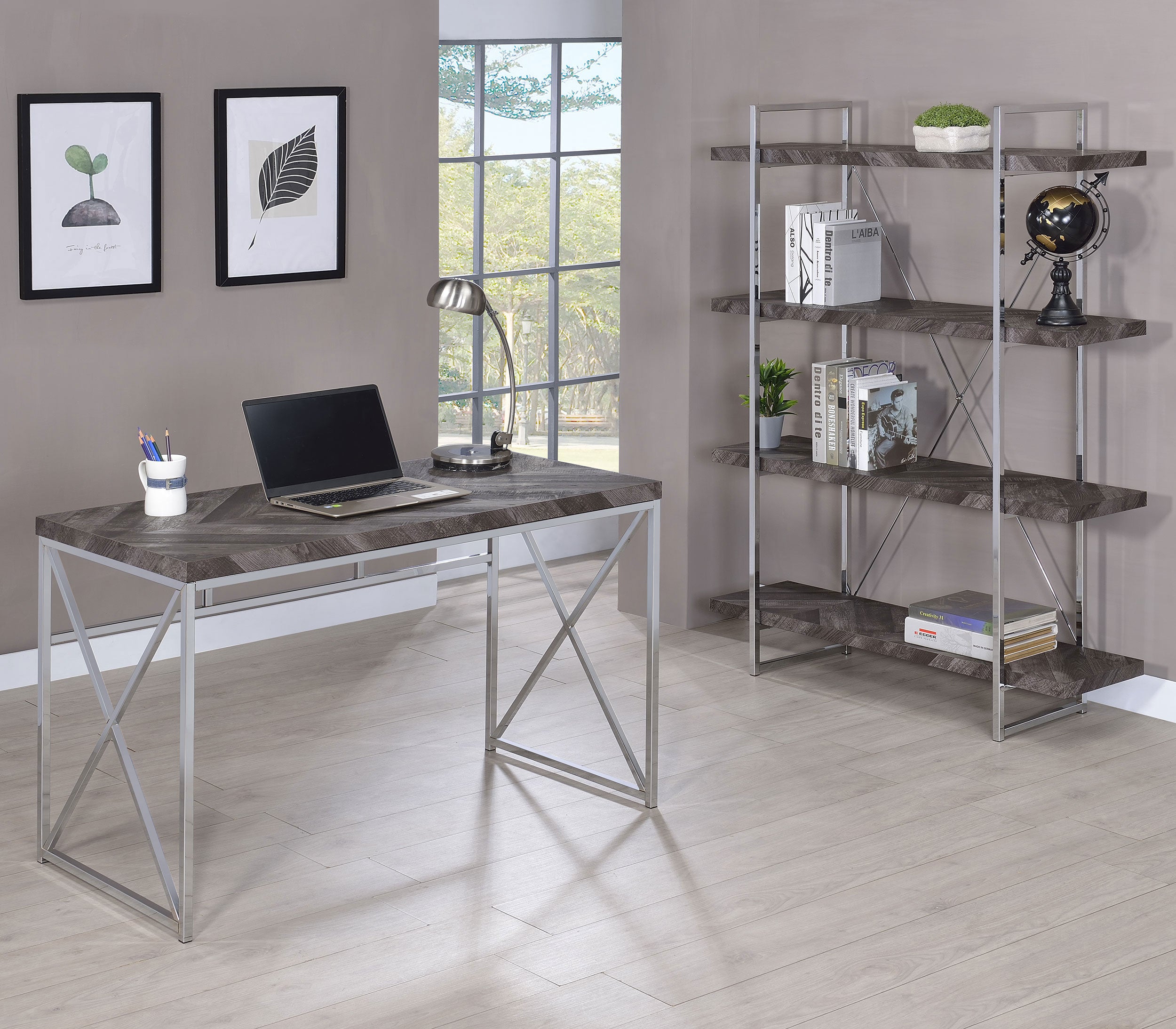 Grimma 63-inch 4-shelf Bookshelf Rustic Grey and Chrome — view 12