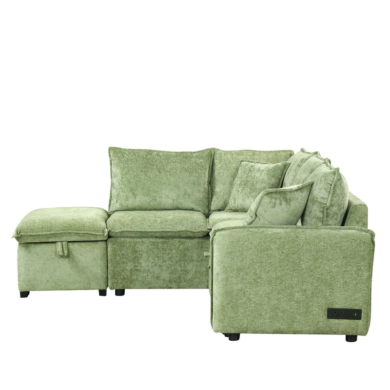 Convertible Sofa Bed Sectional Sofa Sleeper L-Shaped Sofa With A Storage Ottoman, Two Pillows, Two Power Sockets And Two USB Ports For Living Room