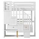 Full Size Loft Bed With Desk And Shelves, 2 Built In Drawers, Storage Staircase - White