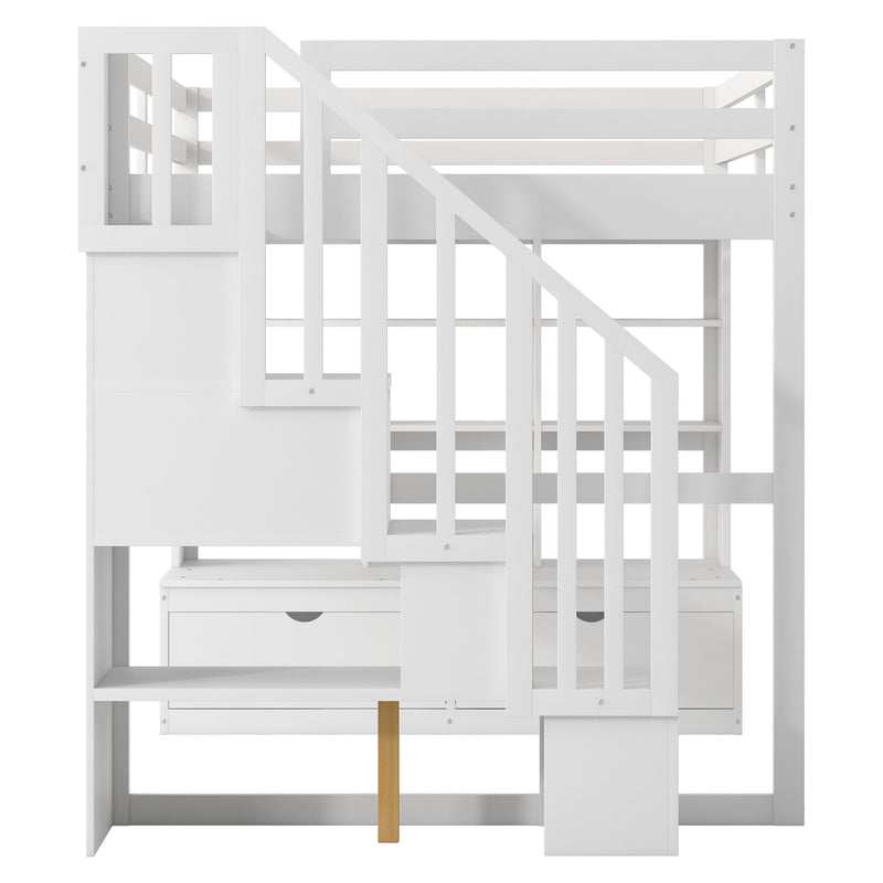 Full Size Loft Bed With Desk And Shelves, 2 Built In Drawers, Storage Staircase - White