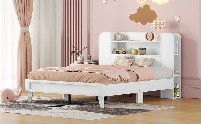 Full Size Platform Bed with Storage Headboard,Multiple Storage Shelves on Both Sides,White