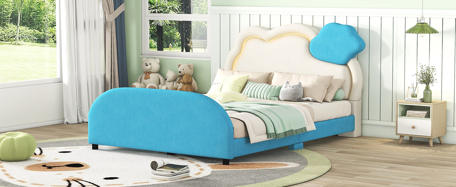 Full Size Upholstered Platform Bed with Cloud-Shaped Headboard and Embedded Light Stripe, Velvet, Blue - Atlantic Fine Furniture Melbourne FL
