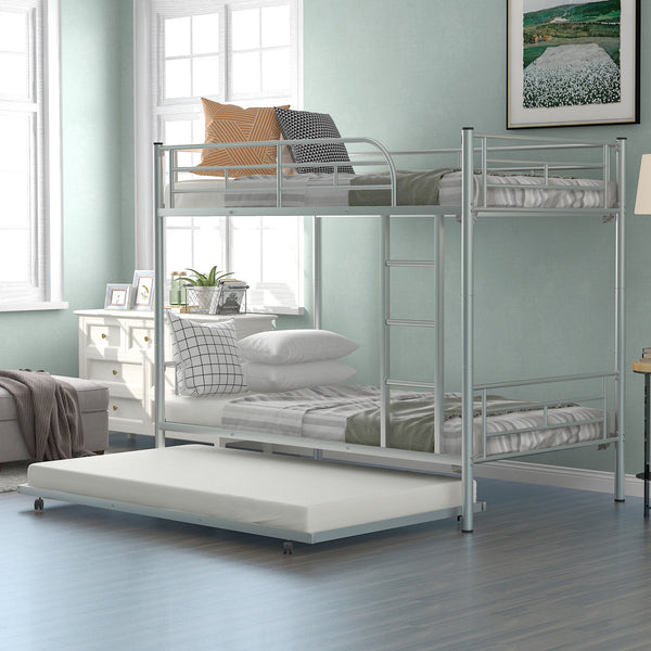 Twin-Over-Twin Metal Bunk Bed With Trundle,Can be Divided into two beds,No Box Spring needed ,White ( old sku: MF194806AAN )