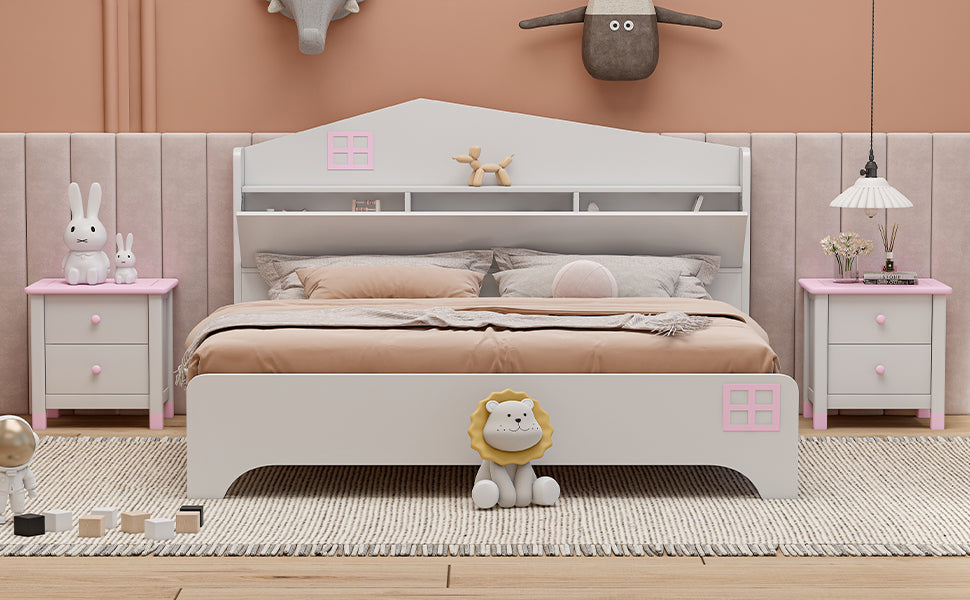 Wooden Full Size House Bed with Storage Headboard ,Kids Bed with Storage Shelf,White - Atlantic Fine Furniture Melbourne FL