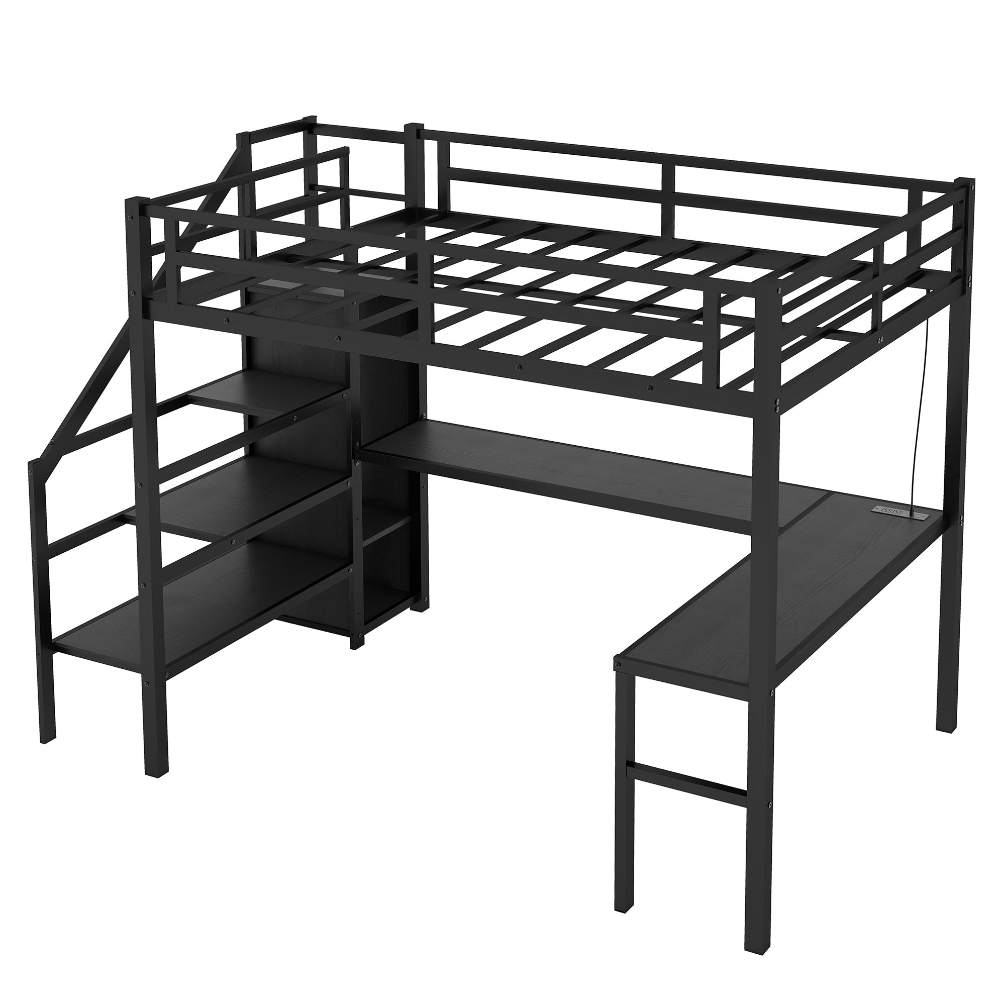 Full XL Size Loft Bed with L-shaped Desk and USB, Metal Loft Bed with Wardrobe and Adjustable Shelf, High Loft Bed with LED for Kids Teens Adults, Black