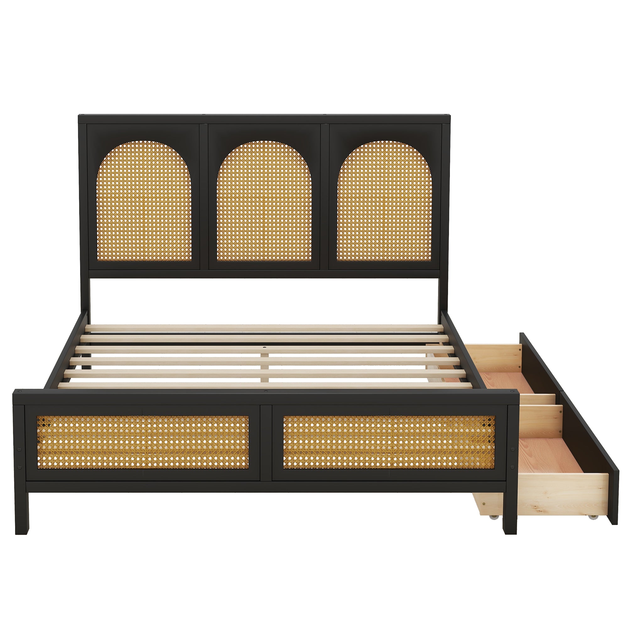 Full Size Wood Storage Platform Bed with 2 Drawers, Rattan Headboard and Footboard, Black - Atlantic Fine Furniture Melbourne FL