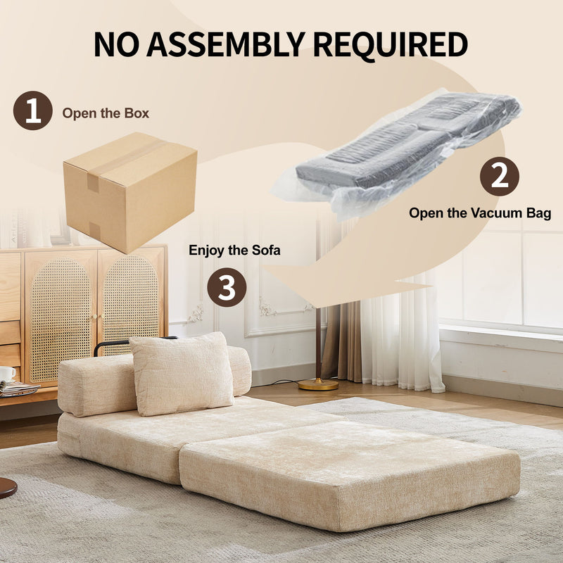 Convertible Floor Sofa Bed With Fixed Shape Frame For Living Room - Beige