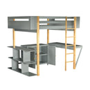 Full Size Wood Loft Bed With Built-in Storage Cabinet and Cubes, Foldable desk, Gray