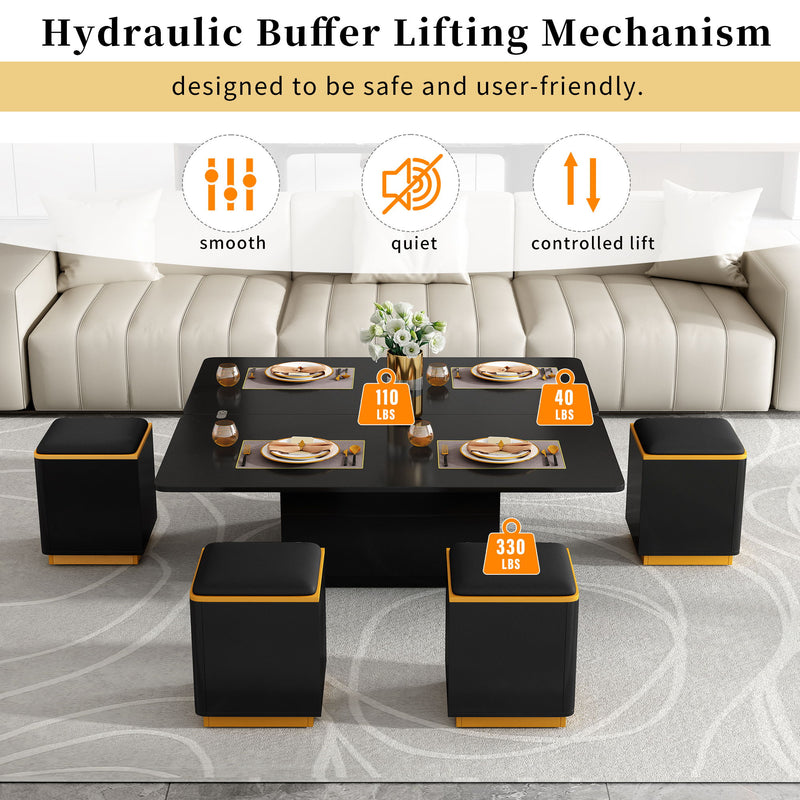Multi Functional Adjustable Coffee Table With 4 Storage Stools