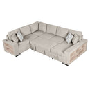 U-Shaped Sectional Sofa Pull-Out Sofa Bed With Two USB Ports, A Storage Chaise Lounge And Four Back Pillows For Living Room