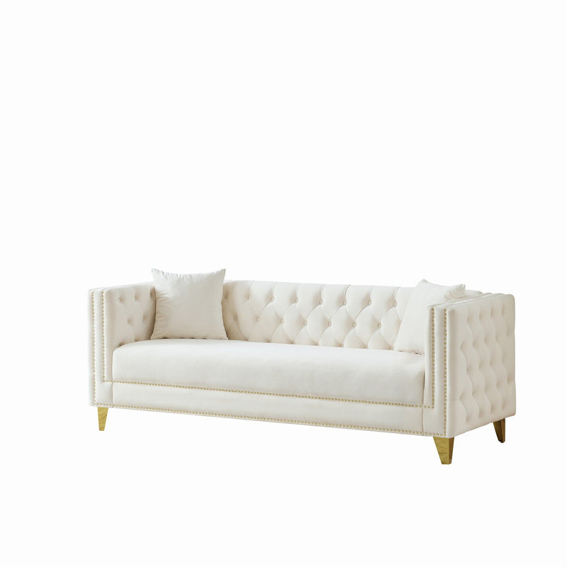 3 And 3 Seater Deep Seat Sofa With Button Nailhead And Square Arm Design - Beige