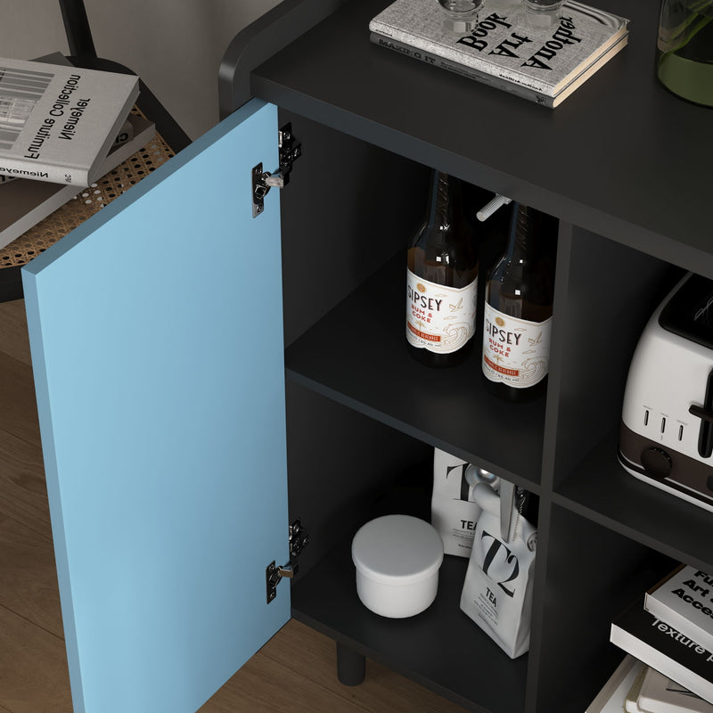 Modern Sideboard Buffet Cabinet With Red Doors And Unique Panel Styling