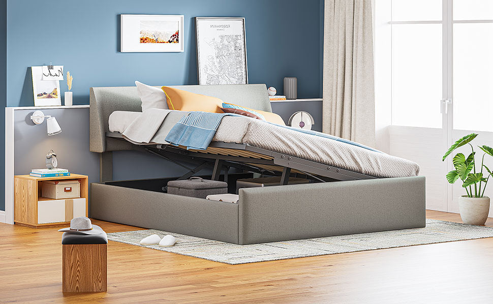 Queen Size Sleigh Bed with Side-Tilt Hydraulic Storage System, Linen Upholstery, Gray - Atlantic Fine Furniture Melbourne FL