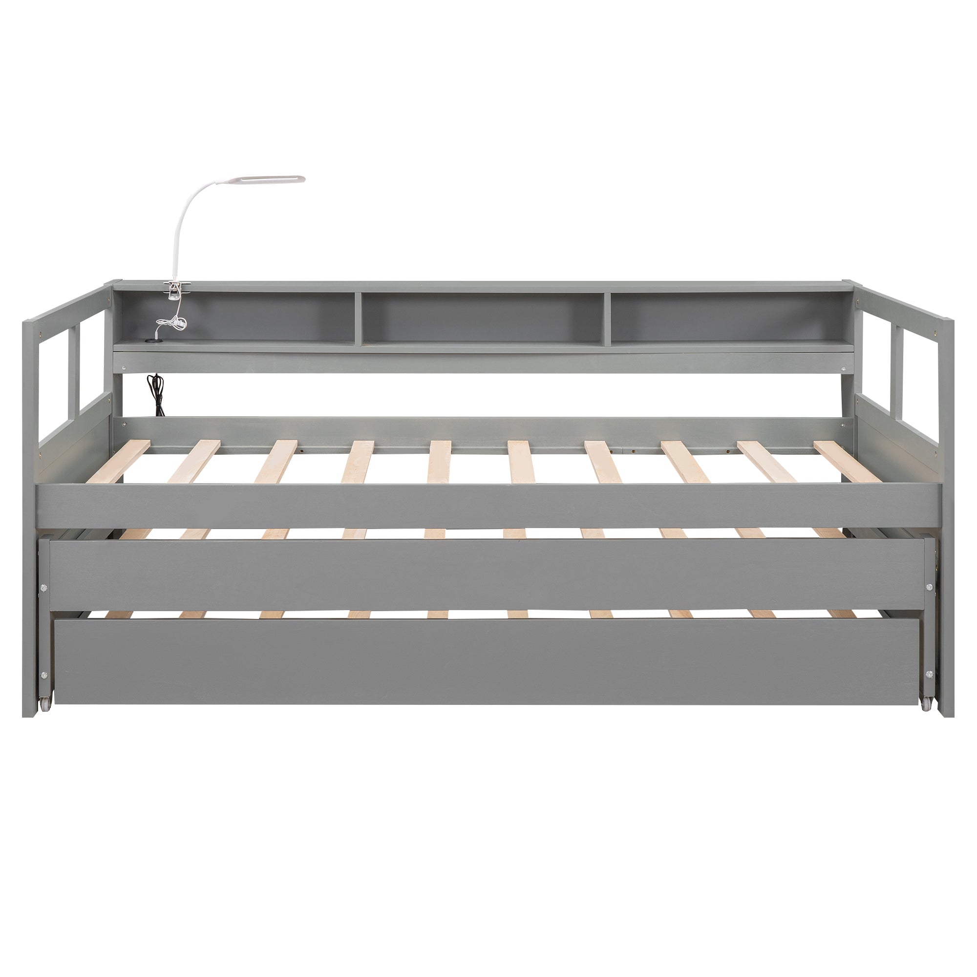 Twin XL Wood Daybed with 2 Trundles, 3 Storage Cubbies, 1 Light for Free and USB Charging Design, Gray - Atlantic Fine Furniture Melbourne FL
