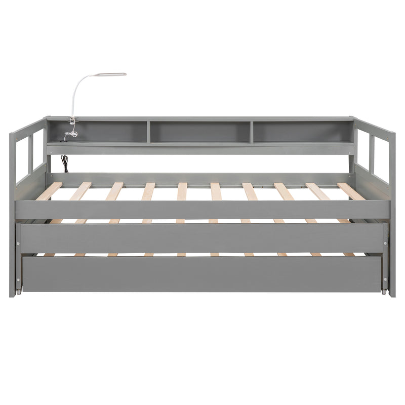 Twin XL Wood Daybed with 2 Trundles, 3 Storage Cubbies, 1 Light for Free and USB Charging Design, Gray