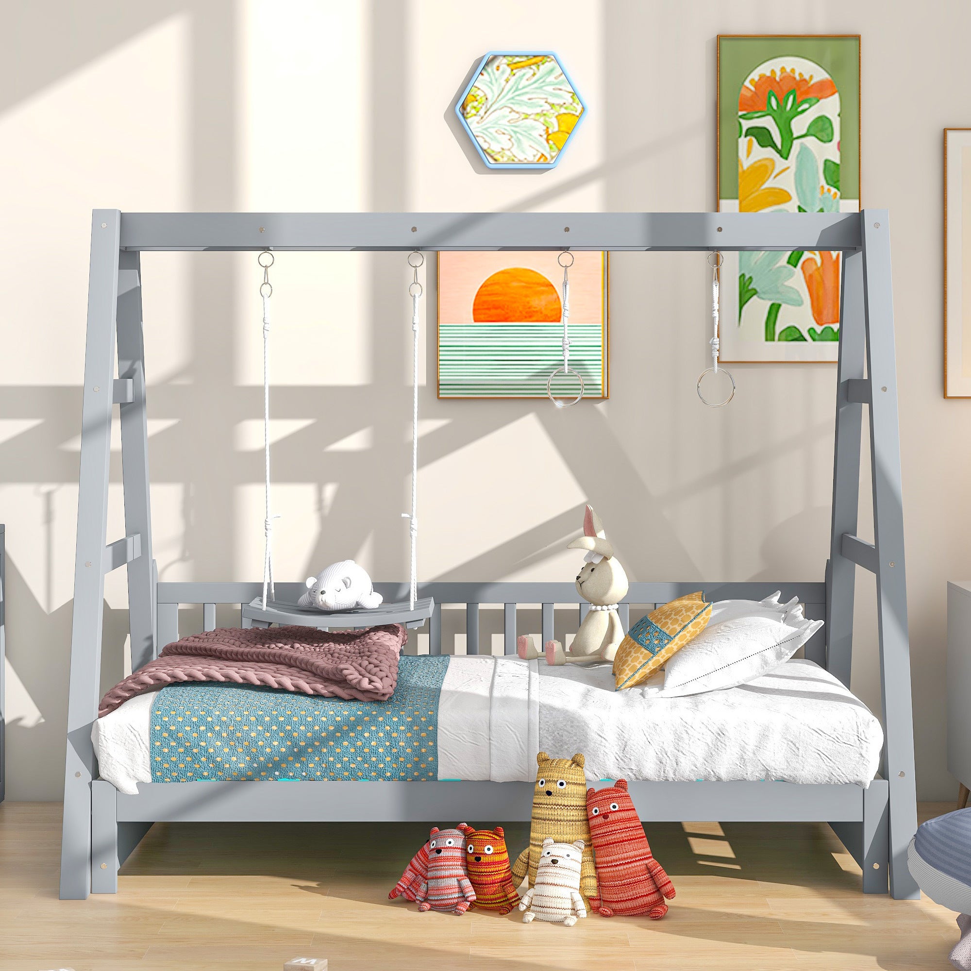 Extendable Twin Daybed with Swing and Ring Handles, Gray(Twin bed can be pulled out to be King) - Atlantic Fine Furniture Melbourne FL