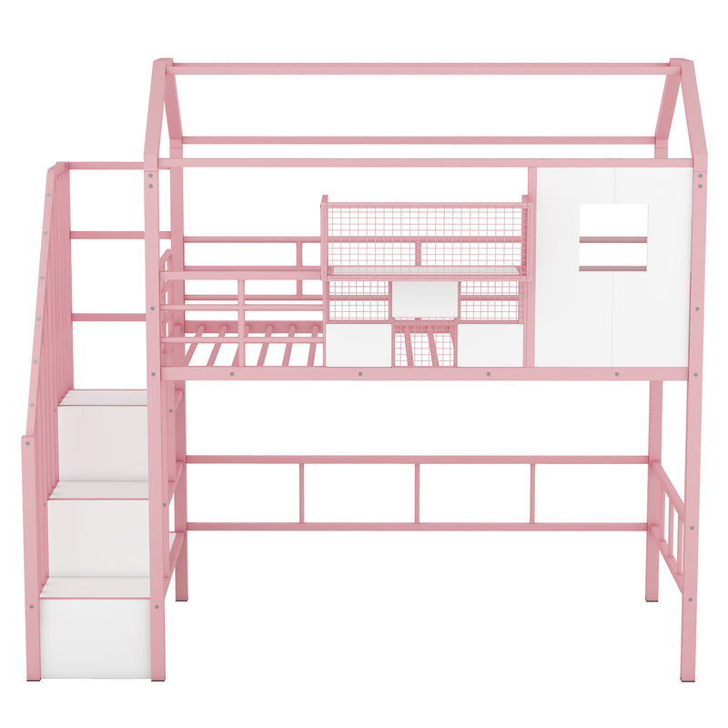Metal Loft Bed with roof design and a storage box, Twin, Pink