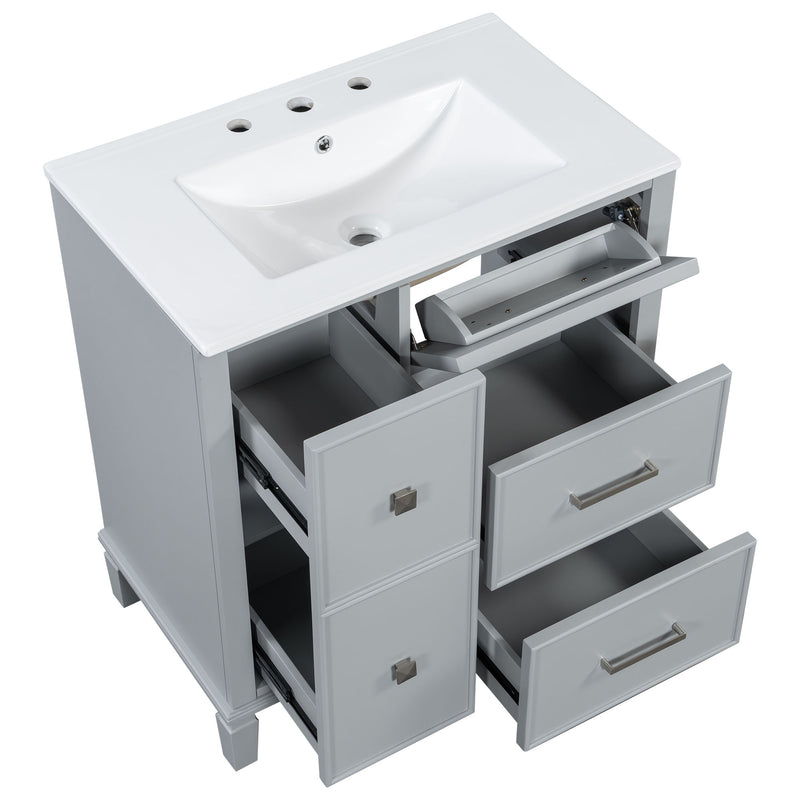 Bathroom Vanity With Ceramic Sink, Flip Out Drawer Design For Plumbing, Soft Close Drawers
