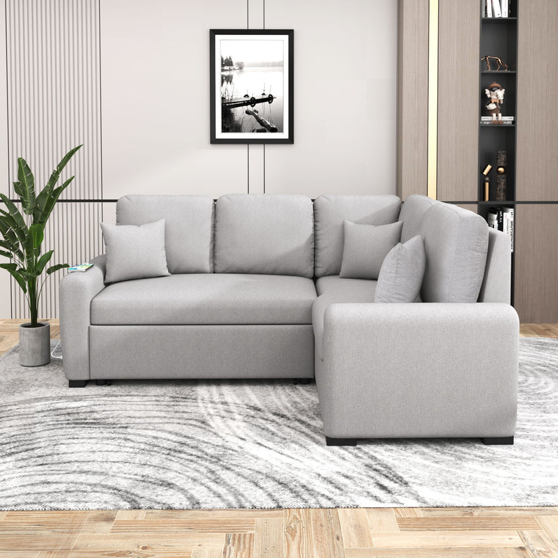 Sectional Sleeper Sofa With USB Charging Port And Plug Outlet, Pull-Out Sofa Bed With 3 Pillows, L-Shape Chaise For Living Room, Small Apartment - Gray