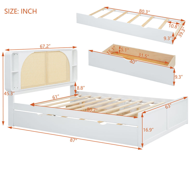 Rattan Headboard Bed With Two Drawers And Trundle