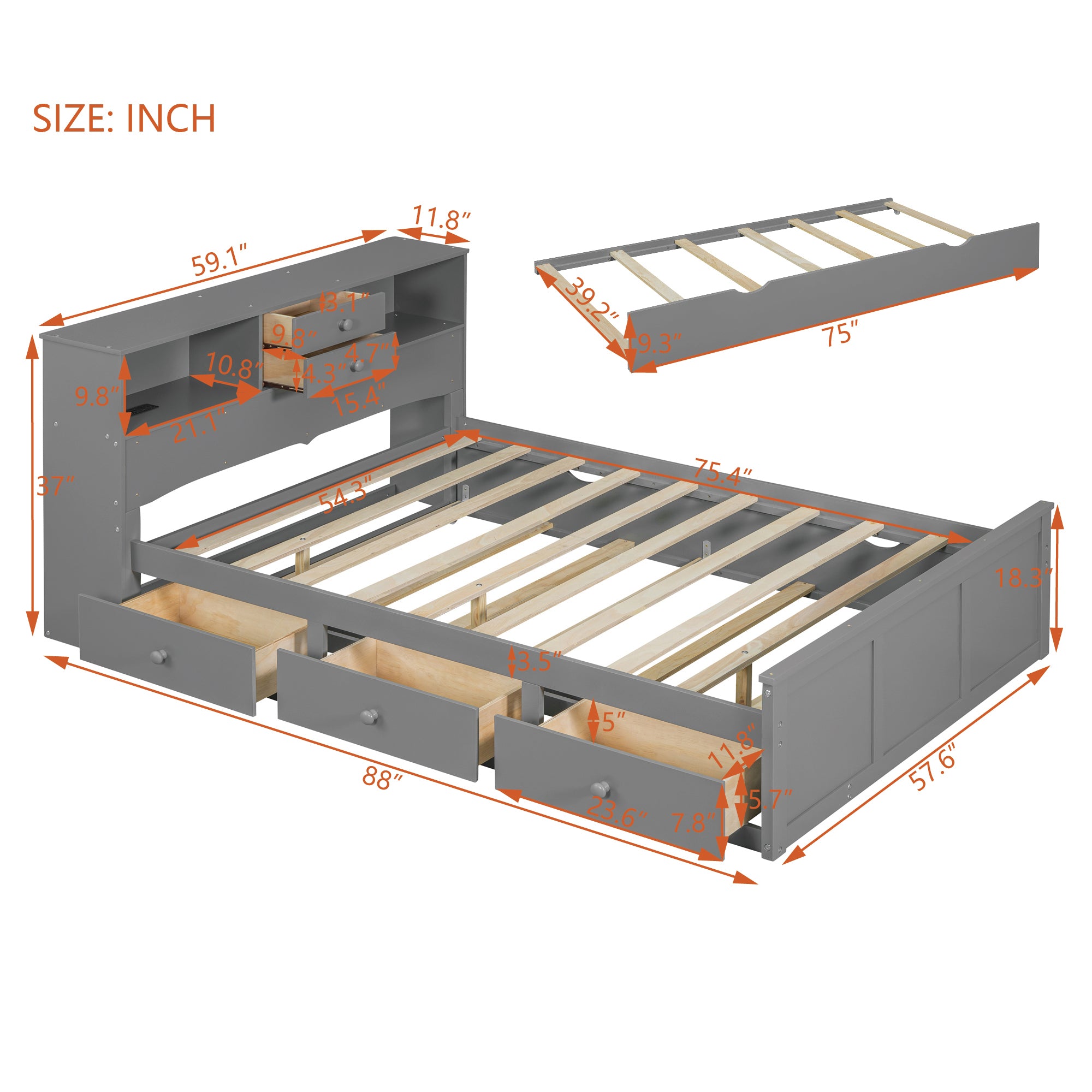 Full Size Wood Pltaform Bed with win Size Trundle, 3 Drawers, Upper Shelves and a set of USB Ports & Sockets, Gray - Atlantic Fine Furniture Melbourne FL