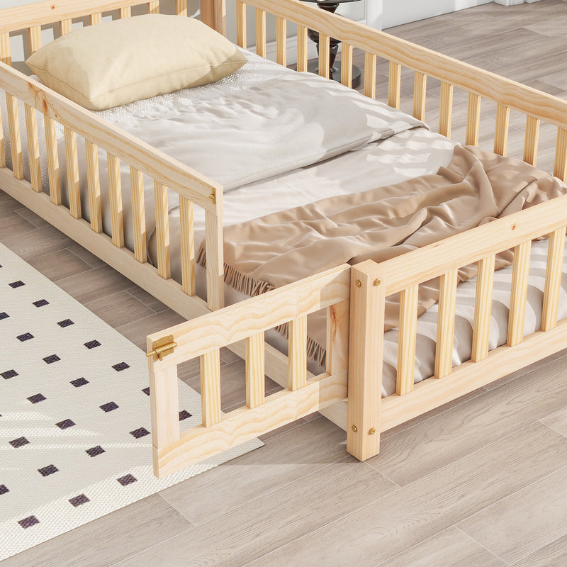 Twin House-Shaped Headboard Floor Bed with Fence
,Natural