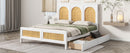 Full Size Wood Storage Platform Bed with 2 Drawers, Rattan Headboard and Footboard, White