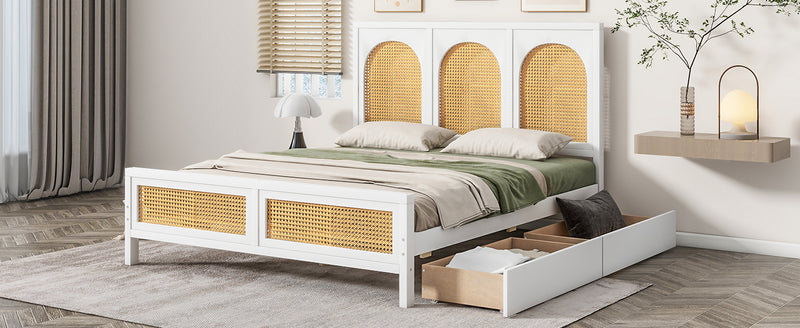 Full Size Wood Storage Platform Bed with 2 Drawers, Rattan Headboard and Footboard, White