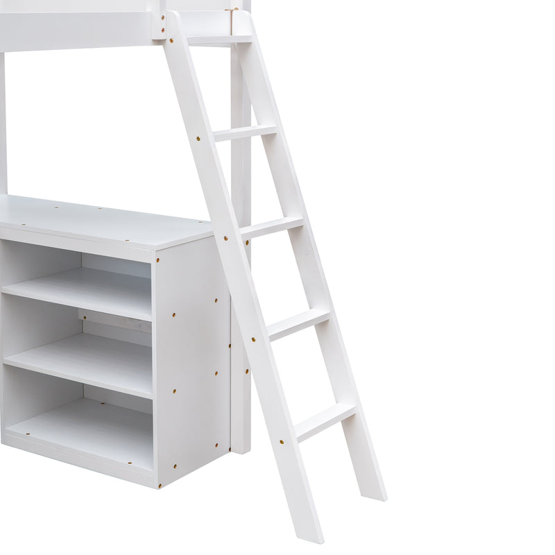 Twin size Loft Bed with Shelves and Desk, Wooden Loft Bed with Desk - White(OLD SKU:LT000537AAK)