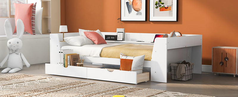 Twin Size Daybed with Shelves, Drawers and Built-In Charging Station, White