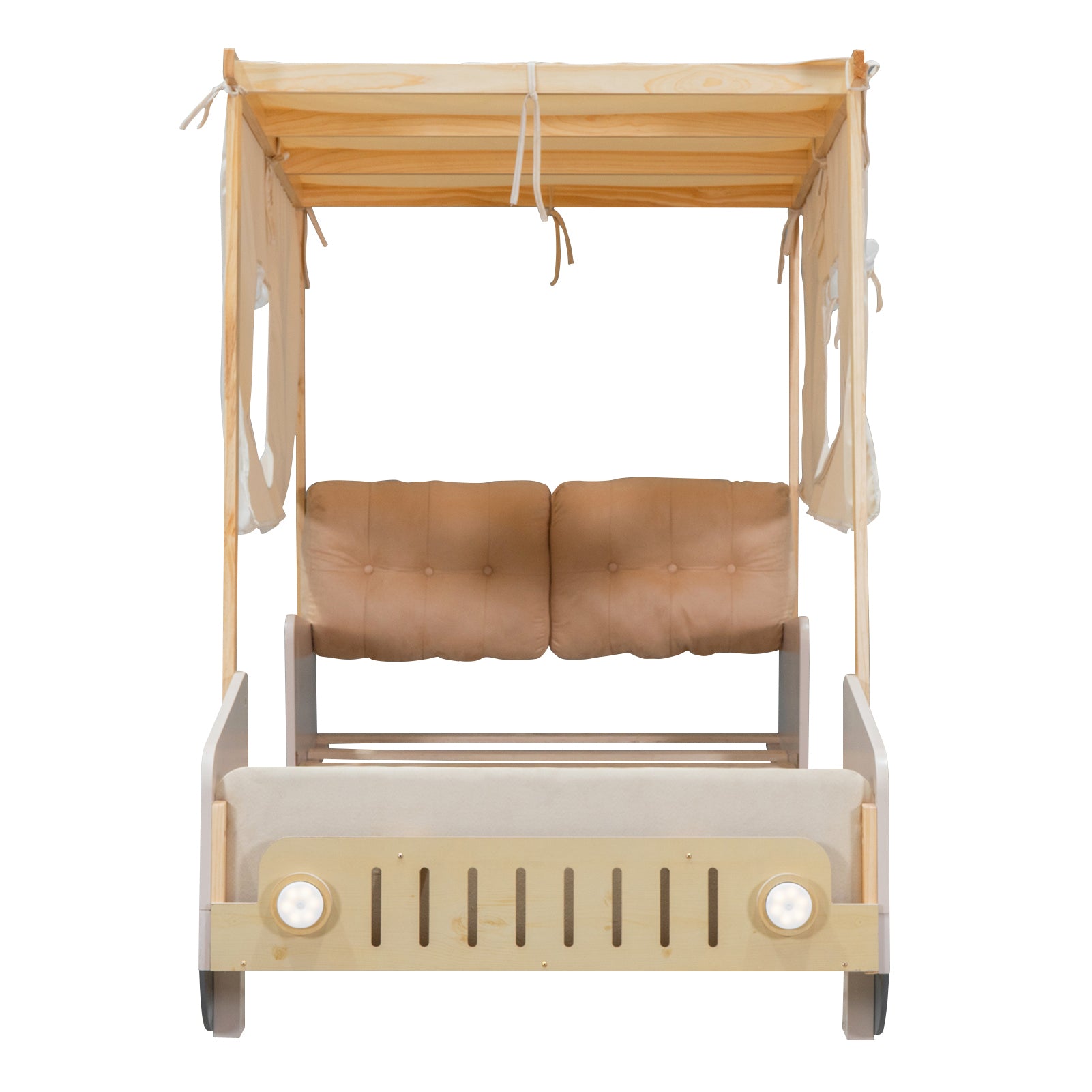 Wood Twin Size Car Bed with Pillow, Ceiling Cloth and LED, Natural - Atlantic Fine Furniture Melbourne FL