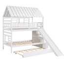 House Bunk Bed With Trundle, Storage Staircase, Roof And Window Design