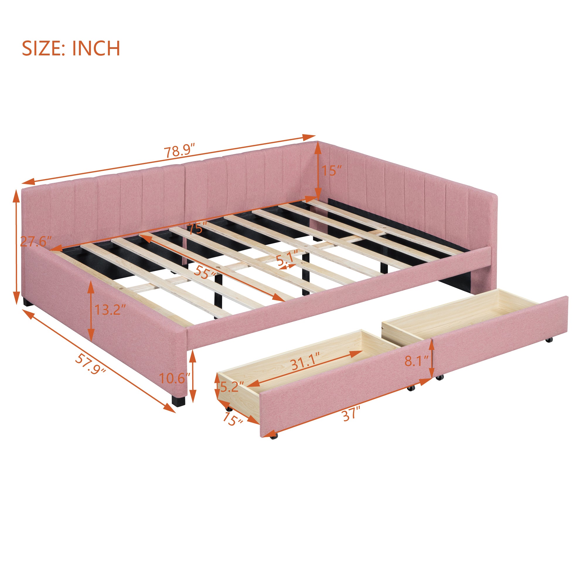 Full Size Upholstered Daybed with 2 Storage Drawers Sofa Bed Frame No Box Spring Needed, Linen Fabric (Pink) - Atlantic Fine Furniture Melbourne FL