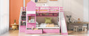 Twin-Over-Twin Castle Style Bunk Bed with 2 Drawers 3 Shelves and Slide - Pink