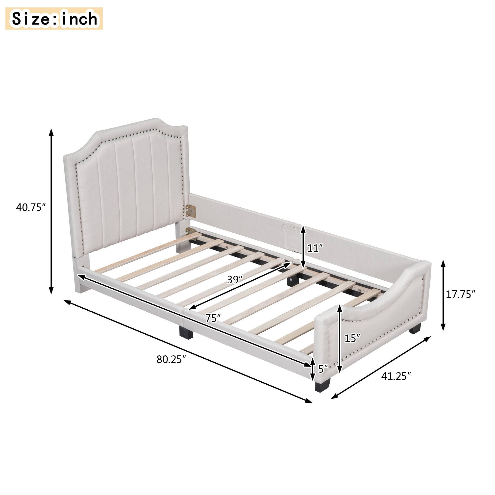 Twin Size Upholstered Platform Bed with Nailhead Trim Decoration and Guardrail, Beige - Atlantic Fine Furniture Melbourne FL