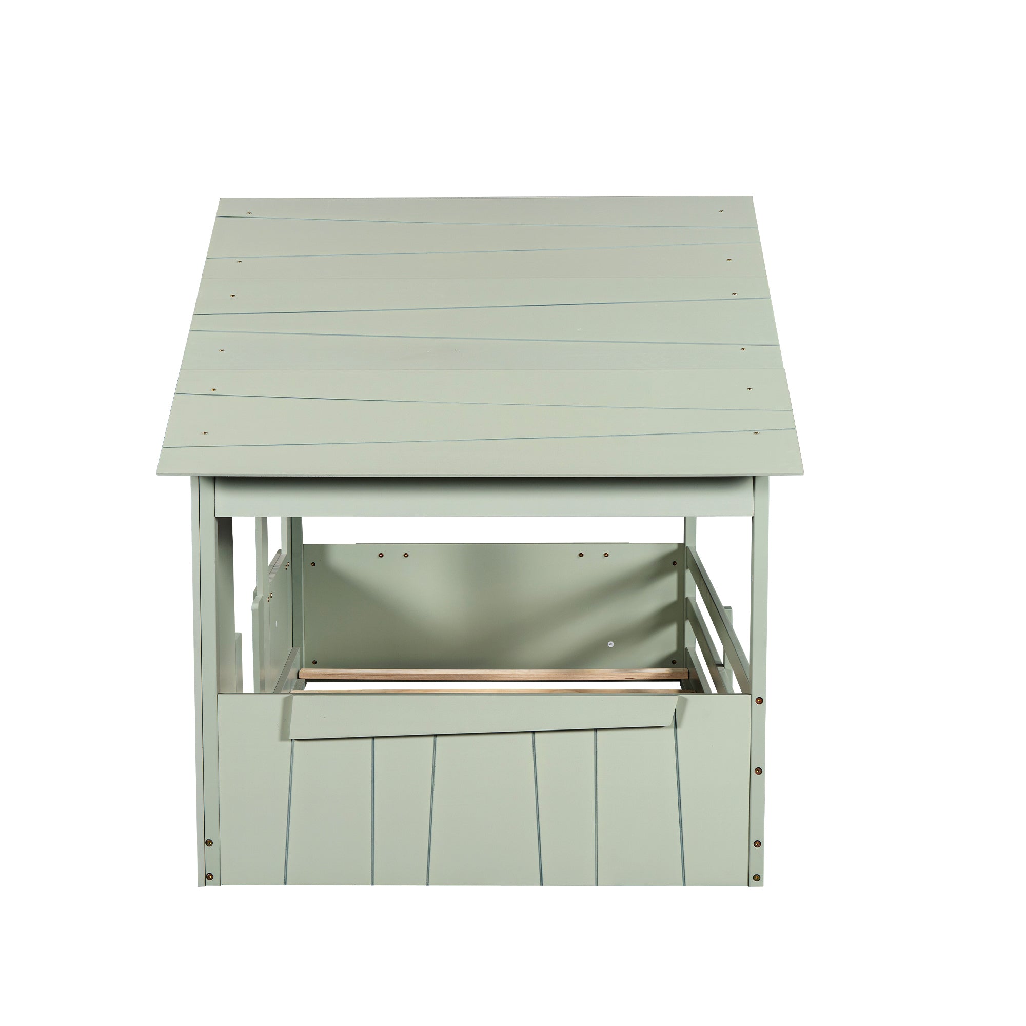 Wood Twin Size House Bed with Roof, Window and Guardrail, Light Green - Atlantic Fine Furniture Melbourne FL
