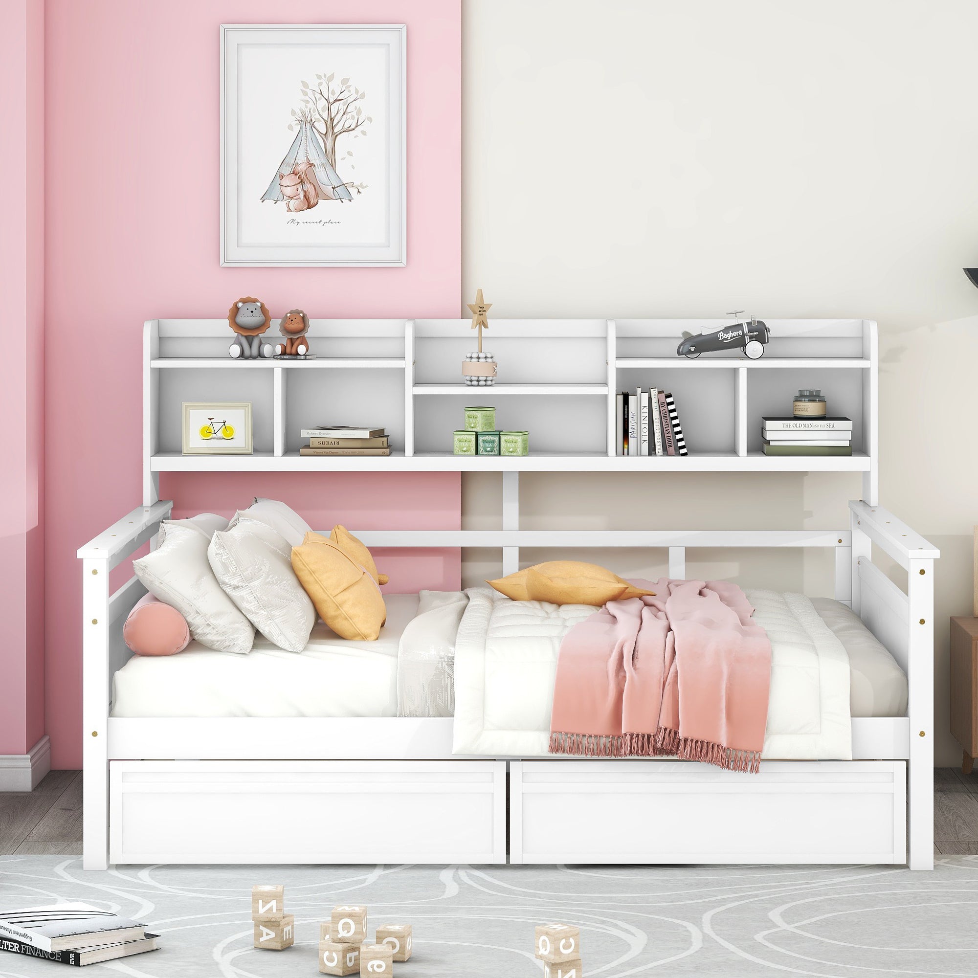 Full size Daybed, Wood Slat Support, with Bedside Shelf and Two Drawers, White - Atlantic Fine Furniture Melbourne FL