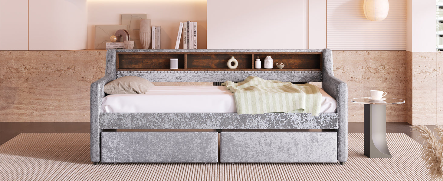 Twin Size Snowflake Velvet Daybed with Two Storage Drawers and Built-in Storage Shelves,Gray - Atlantic Fine Furniture Melbourne FL