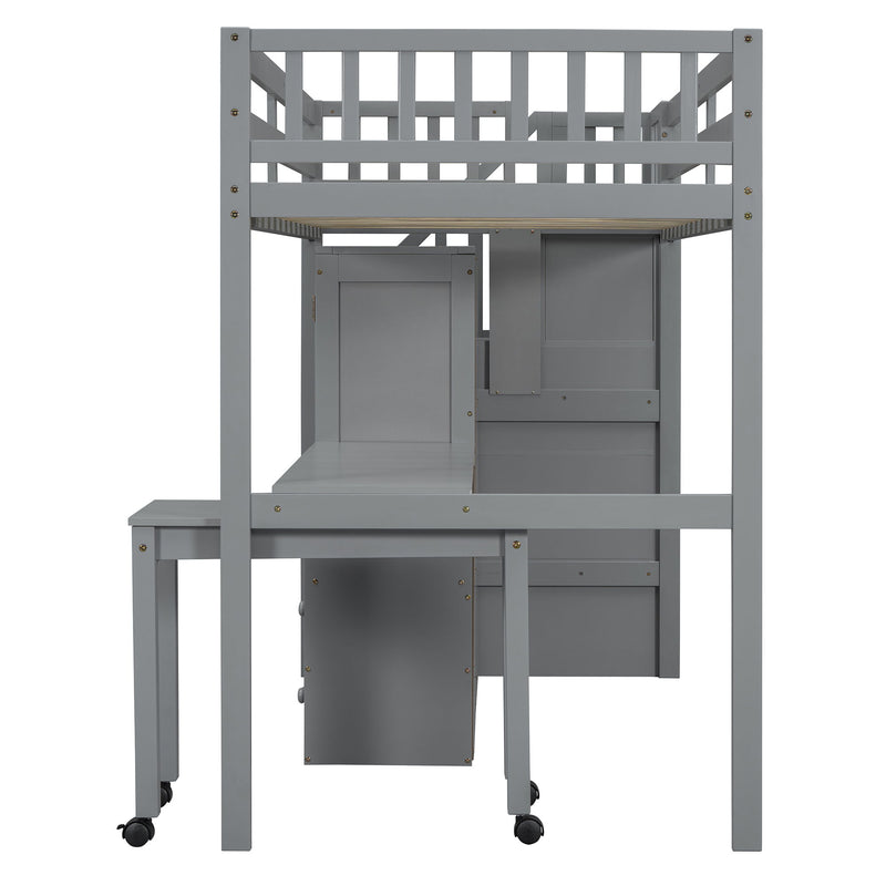 Loft Bed With Stairs, Bookshelf, Drawers, Desk & Wardrobe, Space Saving Multifunctional Furniture